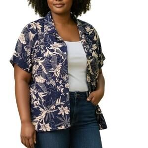 Panama Jack Tropical Floral Button Shirt Womens Size 1X Blue Linen Blend Top